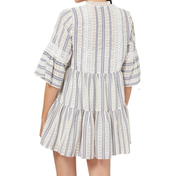 SANDRO • Ecru/White/Navy Stephanie Stripe Boho Lace-Trim Tiered Mini Dress, S - Picture 6 of 16